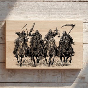 May include: A rectangular wooden plaque featuring a detailed black laser-engraved illustration of four hooded figures riding horses. The figures carry a bow, a sword, a set of scales, and a scythe, representing the Four Horsemen of the Apocalypse.