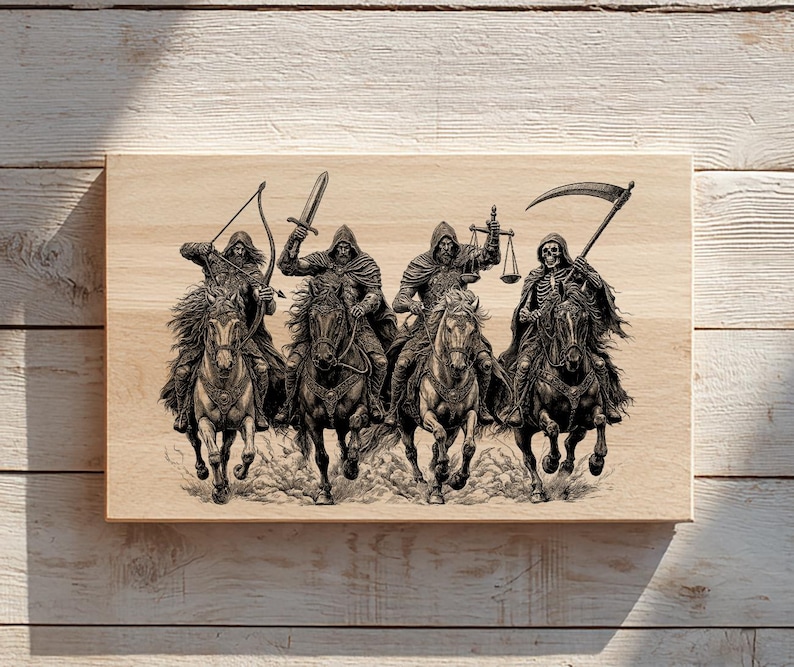 May include: A rectangular wooden plaque featuring a detailed black laser-engraved illustration of four hooded figures riding horses. The figures carry a bow, a sword, a set of scales, and a scythe, representing the Four Horsemen of the Apocalypse.