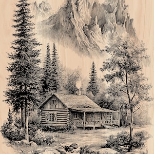 Peut inclure: Illustration en noir et blanc d'un chalet en rondins dans une forêt, avec des montagnes en arrière-plan. Une rivière coule au premier plan. L'image présente des détails précis et est posée sur un fond clair en grain de bois.