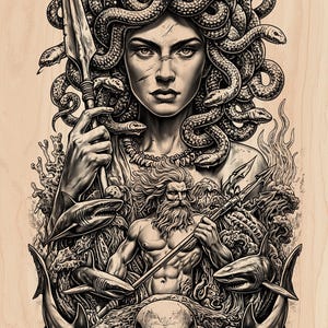 May include: Monochrome illustration featuring Medusa with snakes for hair, holding a spear. The image includes a man with a trident, sharks, and a skull, set against a wood grain backdrop. The artwork has a mythological theme.