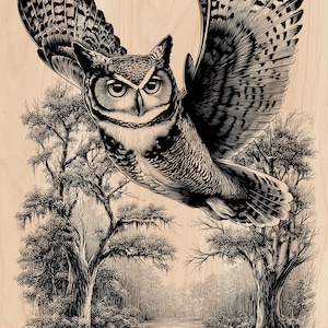 May include: A black ink illustration on a light wood grain surface depicting a great horned owl in flight with wings fully extended. The owl is positioned above a detailed forest landscape featuring trees and a small stream in the background.