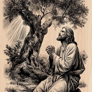 May include: Black and white illustration of a man kneeling in prayer under a large tree. The image has a vintage, engraved style, with detailed shading and lines. The man is wearing a robe, and the tree has a textured trunk and leafy branches.