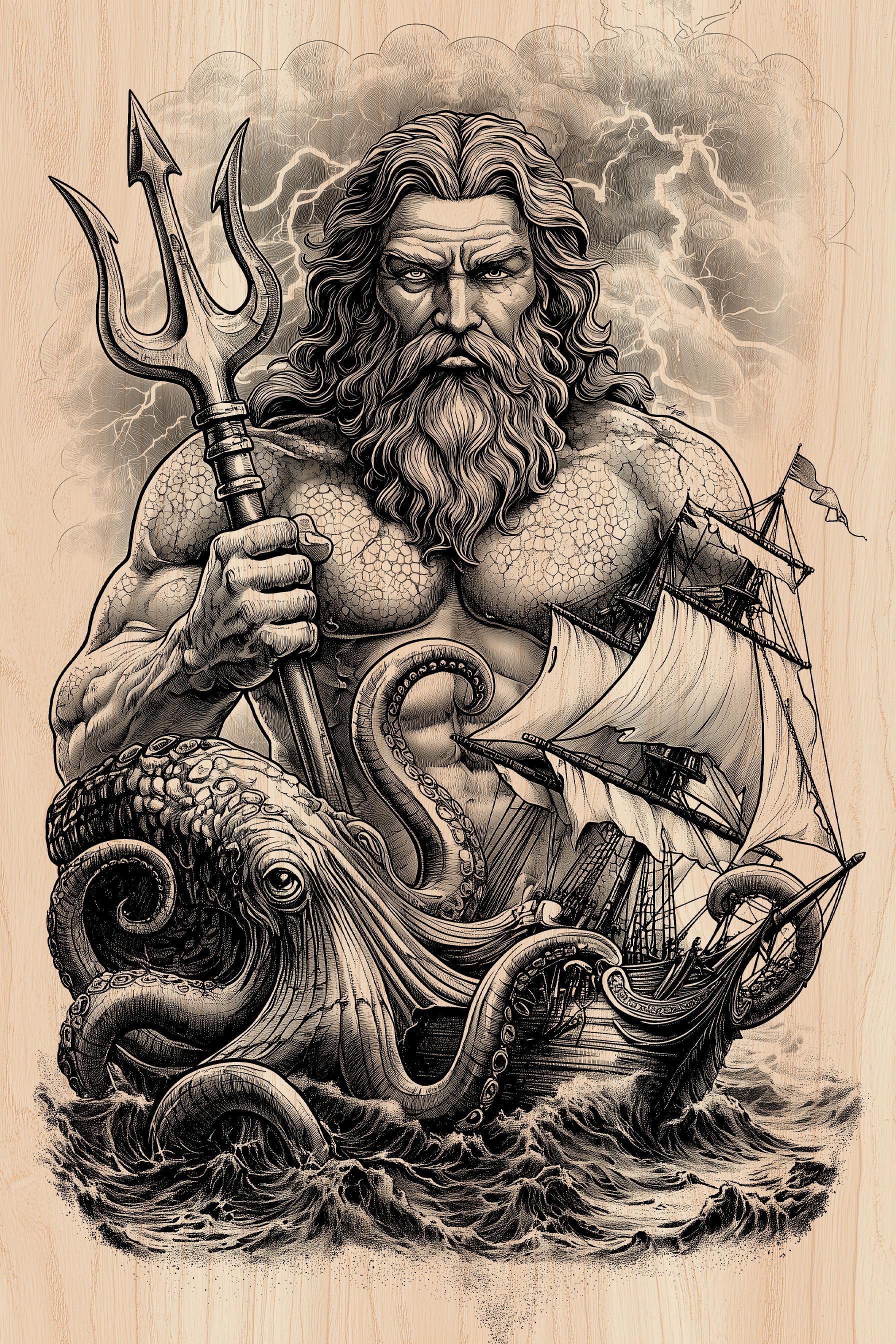 大日本技研 CASTBLADE 2145 POSEIDON Poseidon Laser Engraving File | Greek God Trident Kraken Ship Wood