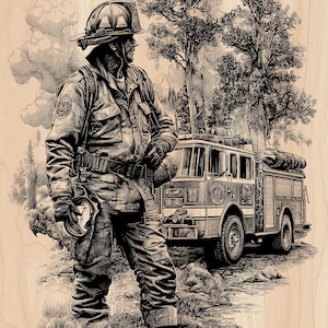May include: Monochrome illustration of a firefighter in uniform standing beside a fire engine. The firefighter wears a helmet, jacket, trousers, and boots. The fire engine is in a wooded area.
