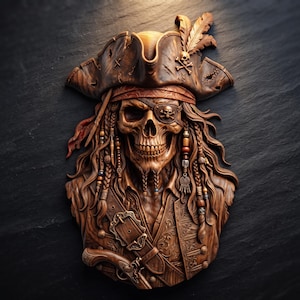 Crâne de pirate en relief 3D (fichier STL) | Squelette de corsaire tricorne sculpté à la main (effet bois) | Impression 3D et gravure laser (fichier STL)