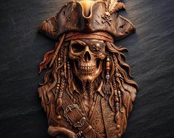Pirate Skull Captain 3D Relief STL File | Corsair Skeleton Tricorn Wood Grain CNC Carving | 3D Print & Laser Engraving STL