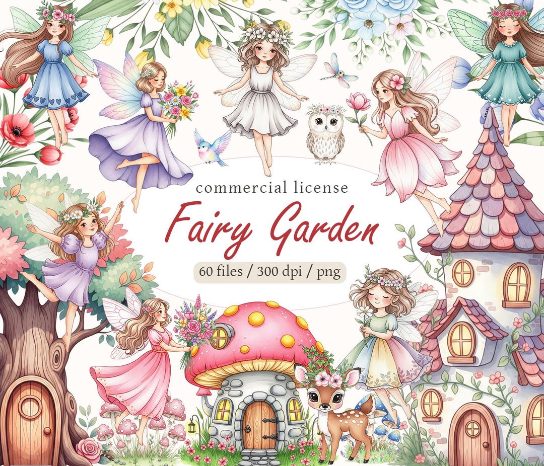 Watercolor Fairy Garden Clipart Bundle | Fantasy PNG Illustrations (60 ...