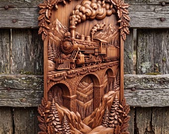 Christmas Train 3D Relief STL File | Steam Locomotive Bridge Wood Grain CNC Carving | 3D Print & Laser Engraving STL