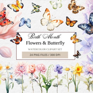 Geboortemaand bloemen vlinders clipart - antieke bloemen PNG, aquarel elementen, digitale vlinder & bloem ontwerpen, scrapbooking, decor
