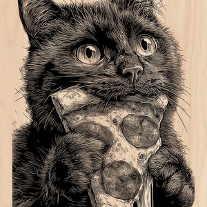 May include: Black and white illustration of a black cat holding a slice of pepperoni pizza. The cat's eyes are wide, and it appears to be enjoying the pizza. The artwork is on a light-colored wooden background.