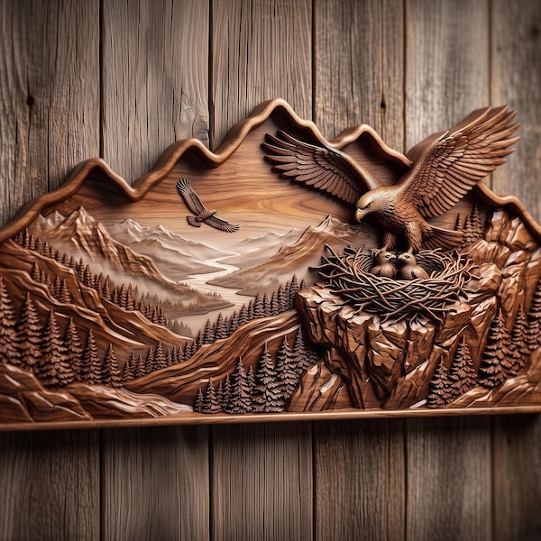 Archivo STL de relieve 3D de Eagle Mountain / Tallado CNC de vetas de madera de majestuoso nido de pájaro / Impresión 3D y grabado láser STL
