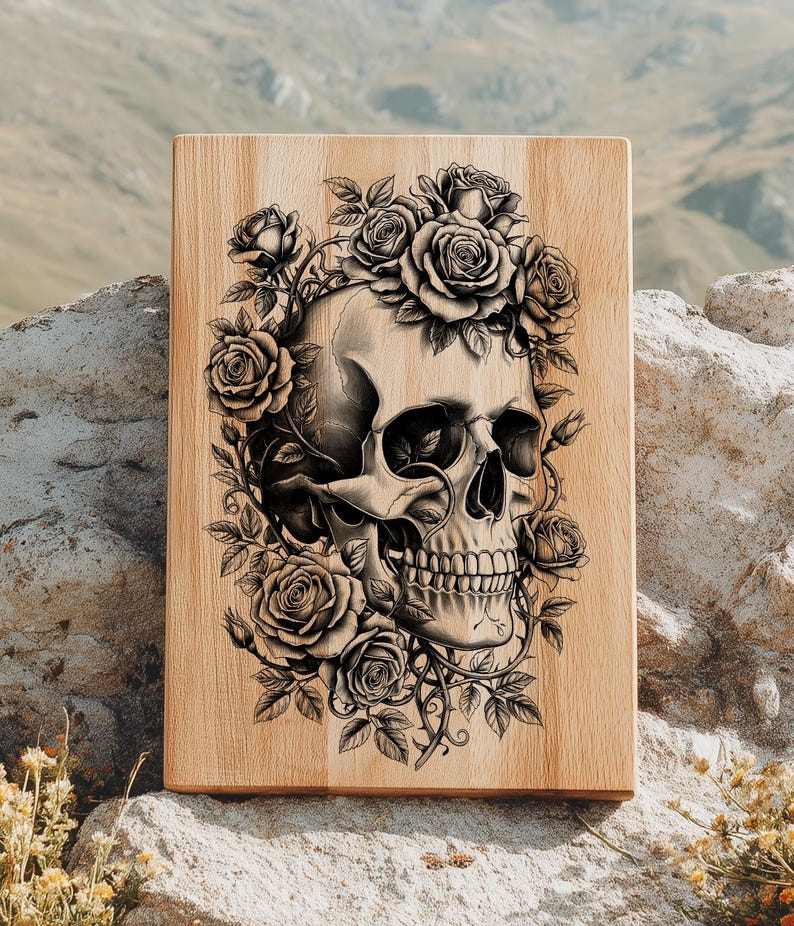 May include: A wooden plaque featuring a detailed black and white illustration of a human skull surrounded by roses. The skull is centered, with roses and vines forming a decorative border. The wood grain is visible.