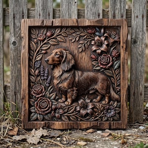 May include: A square wooden wall plaque featuring a detailed relief carving of a long-haired dachshund standing in profile. The dog is surrounded by intricate floral carvings including roses and lilies, all set within a rustic, textured wood frame.