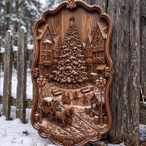 May include: A rectangular wooden wall plaque with a carved relief scene of a winter village square. The detailed carving features a central decorated Christmas tree, surrounding timber-framed buildings, a horse-drawn carriage, and figures.