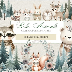 Aquarel bosdieren clipart, Boho boswezens, baby shower decor, kinderkamer kunst, schattige beer, konijn, herten, vos, uil, egel