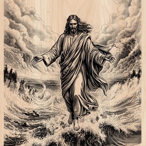 May include: Black and white illustration of a figure walking on water, with arms outstretched. The figure is draped in flowing robes, with a background of stormy waves and clouds. The artwork is on a wooden surface.