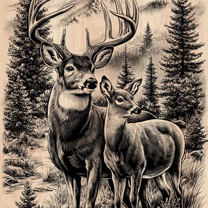 Può includere: Illustrazione in bianco e nero di un cervo e una cerva in un ambiente forestale. Il cervo ha grandi corna, e lo sfondo presenta alberi e montagne. L'opera d'arte è dettagliata e ha uno stile xilografico.
