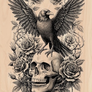 May include: Black and white illustration of a raven with outstretched wings perched atop a human skull. Roses and thorny vines surround the skull, creating a gothic and artistic design. The background is a light wood grain.