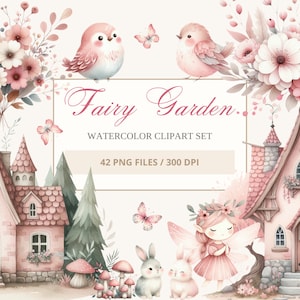 Aquarel Fairy Clipart, Betoverd Bos, Magisch Konijn, Vogels, Fairy House, Mystieke Paard, Bloemenillustraties - Dromerig Kwekerij Decor
