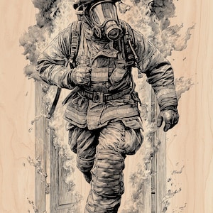 Puede incluir: Ilustración en blanco y negro de un bombero corriendo a través de una puerta en llamas. El bombero lleva casco, máscara de oxígeno y equipo de protección. La imagen tiene un estilo detallado y esbozado.