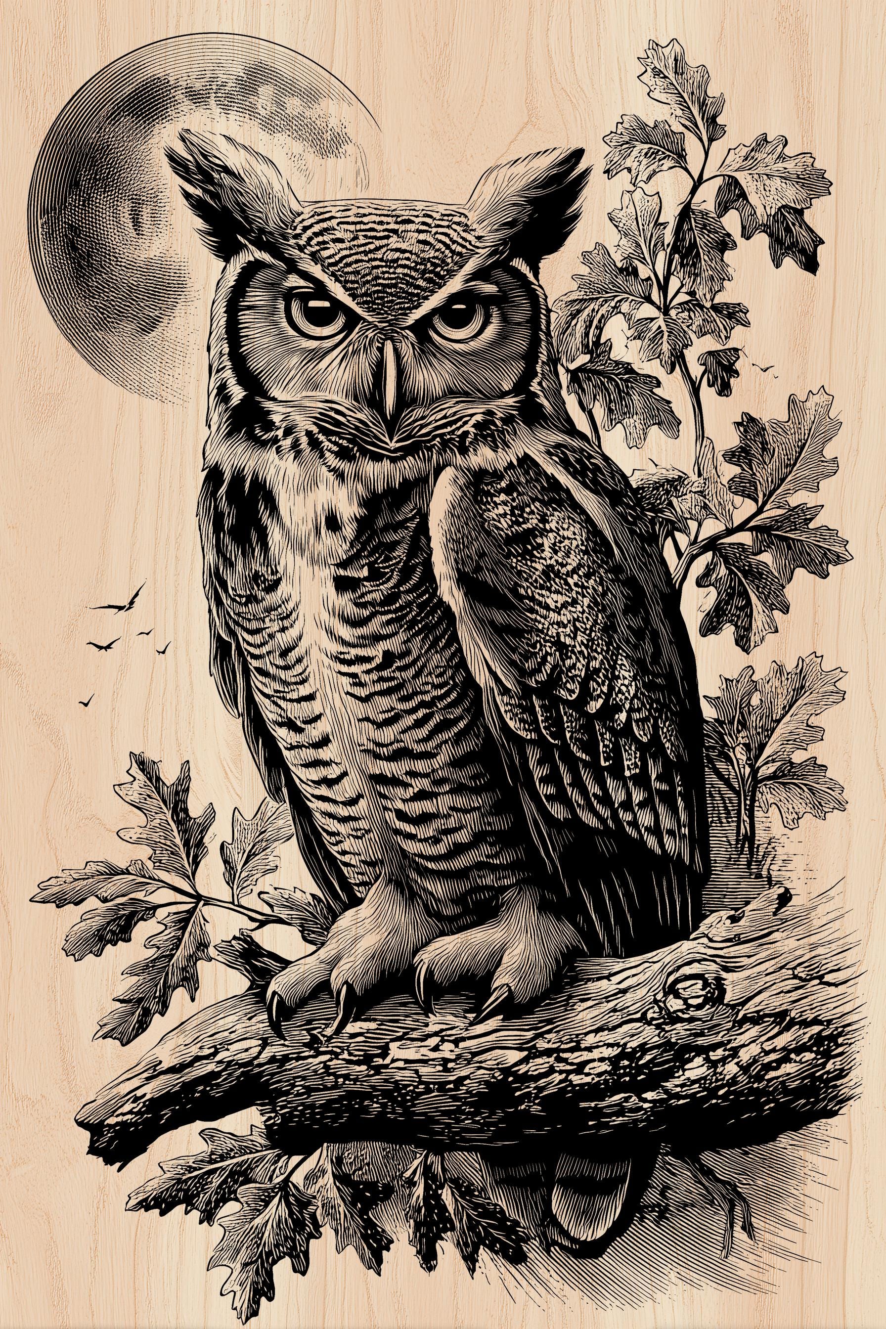 Owl Wood Engraving File SVG PNG | Laser Cut Glowforge, Nocturnal Wildlife Decor