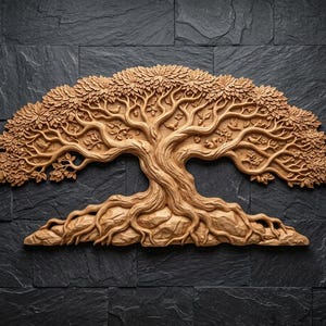 Könnte beinhalten: Ein hellbraunes Holzwandrelief, das einen breiten, ausladenden Baum mit komplexen Ästen, detaillierten Blättern und kleinen Tieren in der Baumkrone zeigt. Der Baum hat einen dicken, strukturierten Stamm und freiliegende Wurzeln auf einem felsigen Sockel.