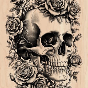 May include: A detailed black and white illustration of a human skull adorned with roses. The skull is centered, with roses and vines intricately woven around it. The background is a light wood grain.