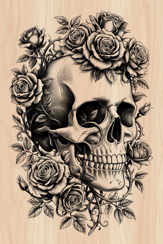 Skull Roses Laser Engraving File | Gothic Floral SVG PNG | Wood Burn Dark Botanical Art