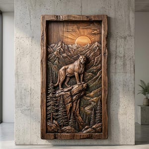 May include: A rectangular wooden wall carving featuring a mountain lion standing on a rocky cliff. The relief depicts a forest of pine trees below, a mountain range in the background, and a sun rising over the peaks, all framed in natural wood.