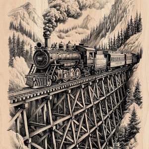 May include: Black and white illustration of a vintage steam train crossing a wooden trestle bridge. The train is surrounded by mountains and pine trees, with a large plume of smoke billowing from the engine. The image has a vintage, rustic feel.