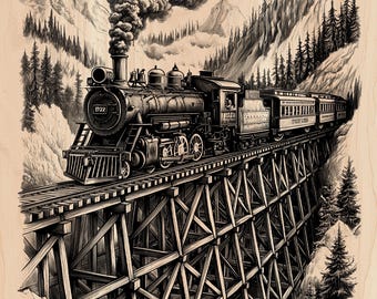 Steam Train Laser Engraving File | Locomotive Trestle Bridge SVG PNG | Vintage Railway Art, Glowforge, xTool