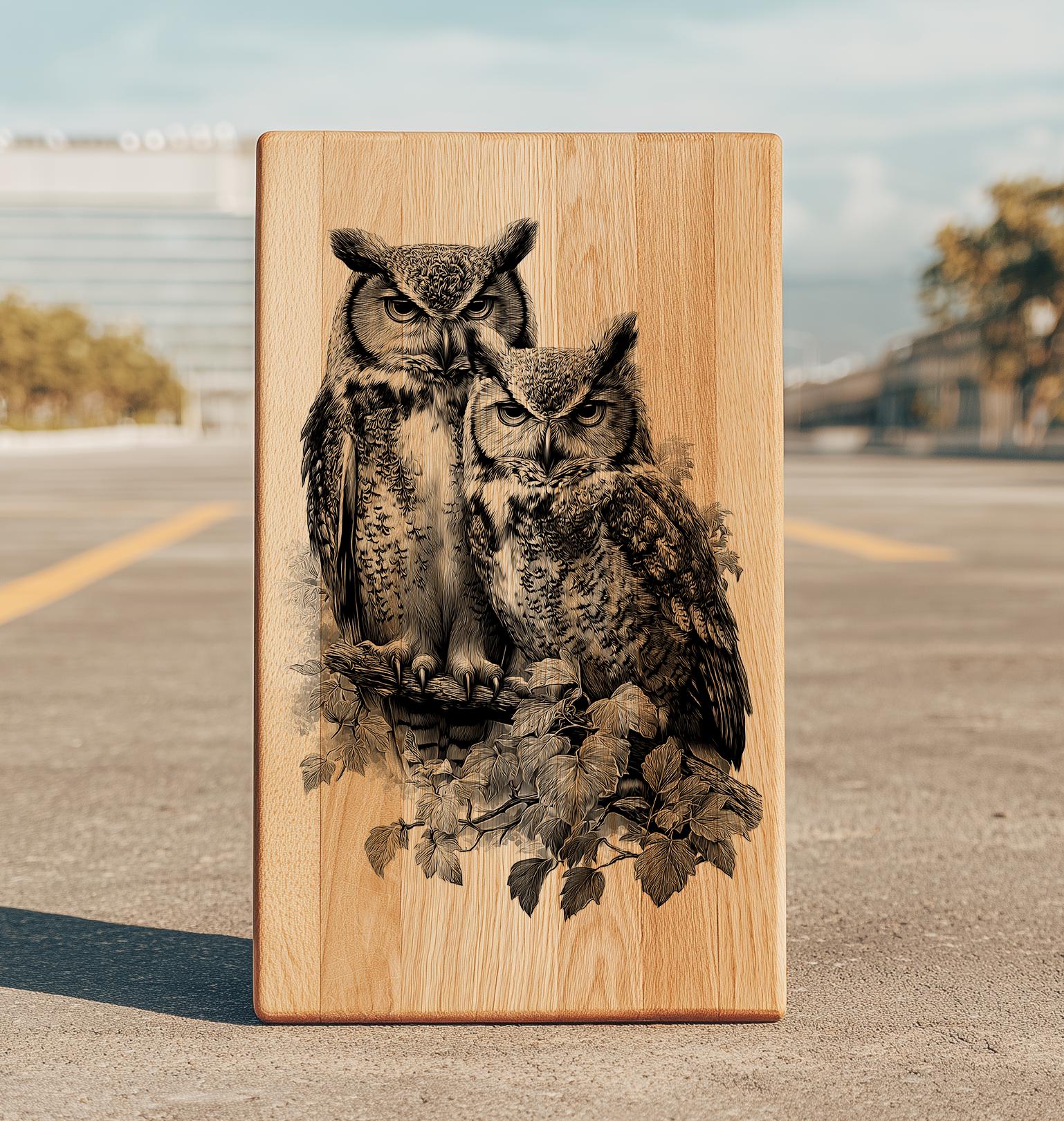 Two Owls Laser Engraving File | Woodland Birds SVG | Rustic Nature