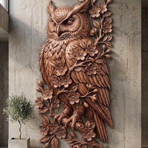 Owl on Blossom Branch 3D Relief STL File | Cherry Blossom Bird Wood Grain CNC Carving | 3D Print & Laser Engraving STL