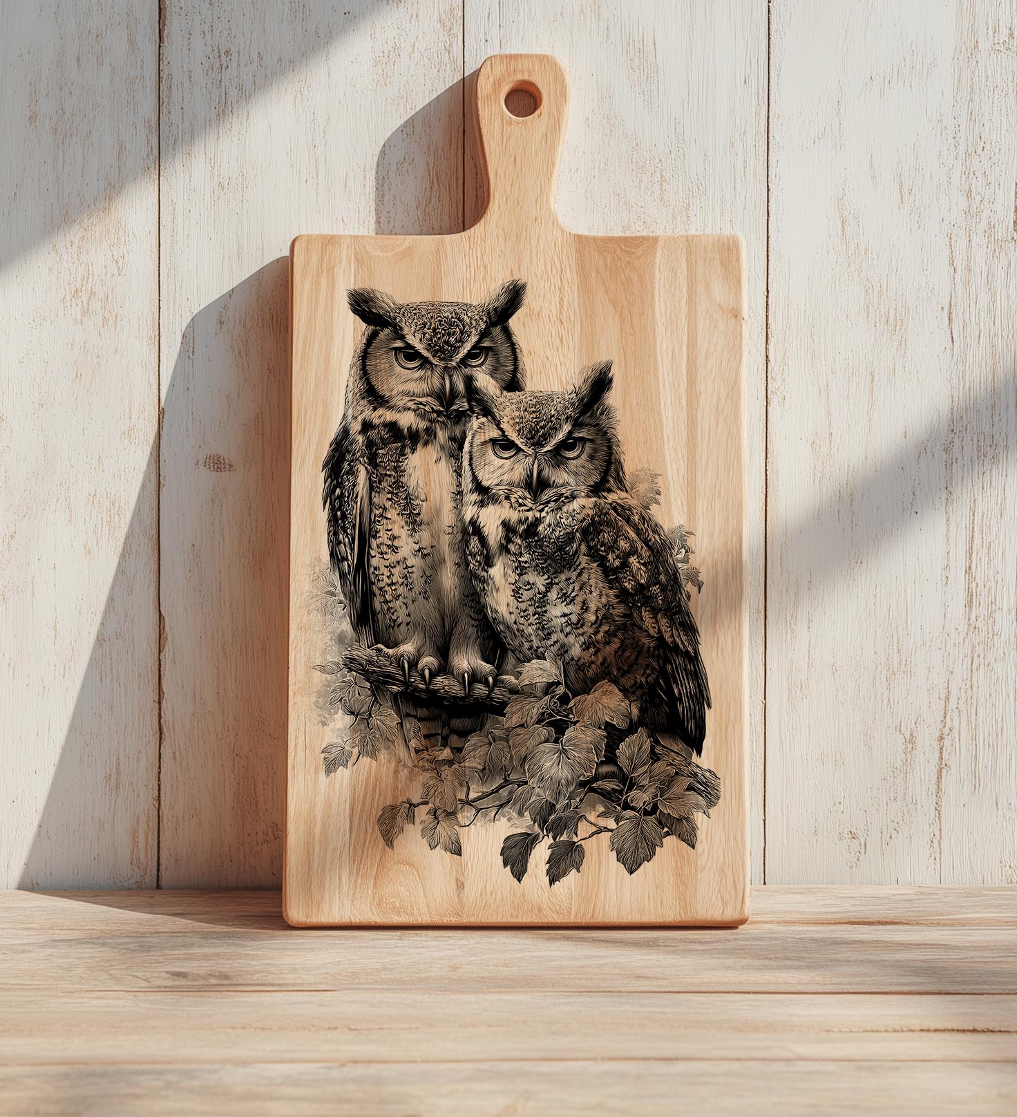 Two Owls Laser Engraving File | Woodland Birds SVG | Rustic Nature