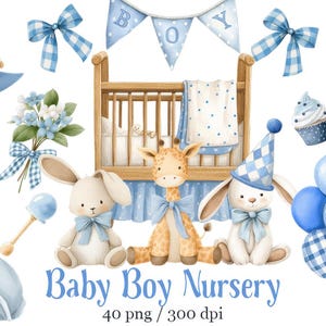 Baby Boy Nursery Clipart – Blue Watercolor Crib, Teddy Bear, Stroller, Baby Clothes & Shower, Cute Boy Nursery PNG, Watercolor Baby Shower