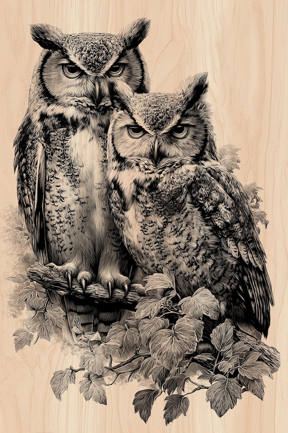 OwL デモ Two Owls Laser Engraving File | Woodland Birds SVG | Rustic Nature