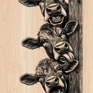 May include: Black and white illustration of three cows peeking over a wooden fence. The cows have expressive faces, with one sticking out its tongue. The background is a light wood grain.