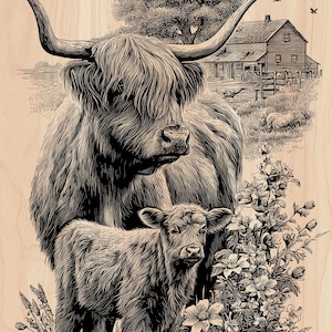 May include: Black and white illustration of a Highland cow and calf standing in a field with a farmhouse in the background. The cow has long horns and shaggy fur. Birds fly in the sky above the animals.