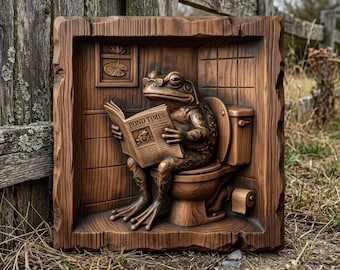 Könnte beinhalten: Eine quadratische Wandplatte aus Holz mit einem geschnitzten Relief eines Frosches mit Brille, der auf einer Toilette sitzt und eine Zeitung mit dem Titel POND TIMES liest. Die Szene enthält eine kleine Toilettenpapierrolle und ein Bild.