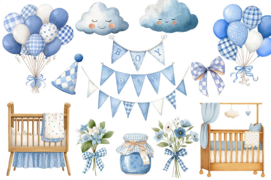 Blue Watercolor Baby Boy Nursery Clipart – PNG Graphics (digital ...