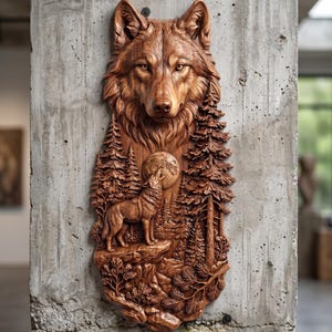 May include: A vertical wooden wall carving featuring a detailed wolf head at the top, with a smaller wolf standing on a rocky ledge below, howling at a full moon surrounded by a dense forest of pine trees and textured foliage.