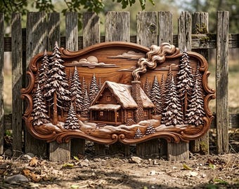 Könnte beinhalten: Eine rechteckige Wandtafel aus Holz mit einer detaillierten Reliefschnitzerei einer verschneiten Blockhütte inmitten von Tannenbäumen. Die Szene zeigt einen Steinkamin mit aufsteigendem Rauch, eine Sonne am Himmel und einen verzierten Holzrahmen.