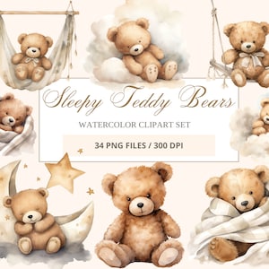 Aquarel teddybeer clipart, slapende teddyberen, baby shower clipart, Boho clipart, schattige teddybeer maan, wolken, sterren, baby beer PNG
