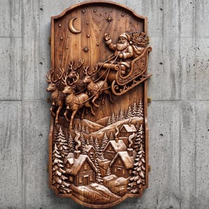 3D-reliëf STL-bestand van de slee van de kerstman | Rendier met nachtelijke hemel en houtnerf, CNC-gravure | 3D-printen en lasergraveren (STL-bestand)