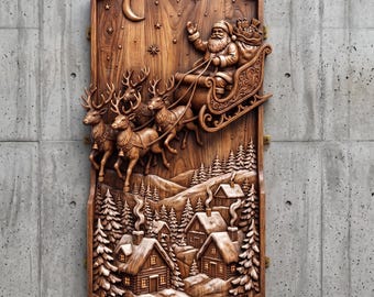 3D-Relief-STL-Datei für Weihnachtsmannschlitten | Rentier-Nachthimmel-Holzmaserung CNC-gefräst | 3D-Druck & Lasergravur (STL)