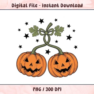 Pumpkin Cherries PNG | Autumn Girly Clipart | Coquette Fall Pumpkin Bow PNG | Retro Fall Aesthetic Halloween Sublimation Design