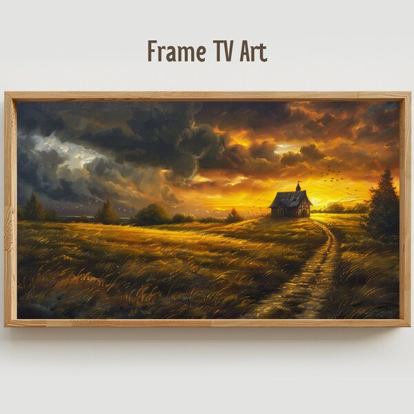 Samsung Frame TV Art, Landscape Sunset Painting, Oil Canvas Decor, Scenic Wall Art, Home Interior Design, Nature View Artwork