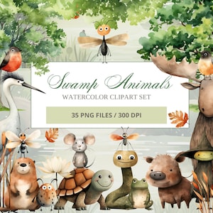 Clipart aquarelle animaux des marais - Illustrations peintes à la main de la faune, grenouille, serpent et marais, Clipart Nature, PNG, usage Commercial