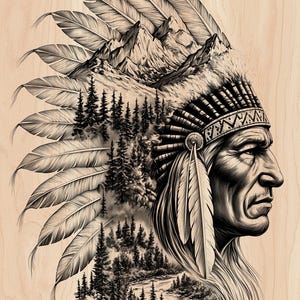 May include: Black and white illustration of a Native American chief in profile, wearing a feathered headdress. The headdress features a mountain and forest scene. The artwork is set against a light wood grain background.