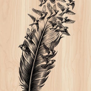 Archivo de grabado láser de aves con plumas / Gorriones alzando el vuelo SVG PNG / Arte de la libertad grabado en madera